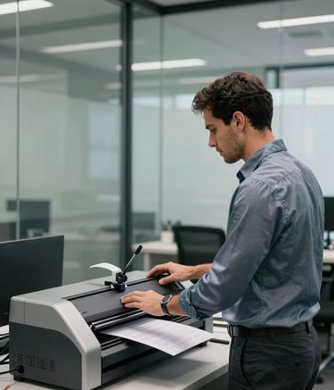 A modern professional office setting in Belo Horizonte with glass walls. A specialist in a muted steel blue shirt is operating a high-end industrial document scanner. The atmosphere is sophisticated, clean, and highly efficient.