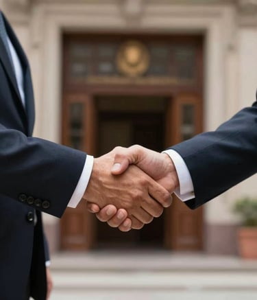 Primer plano de un apretón de manos profesional entre dos personas de negocios en Guadalajara, contexto North American / Mexican, vestimenta formal elegante, fondo desenfocado de una oficina de clase mundial.