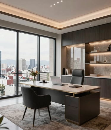 Interiores de una oficina inmobiliaria de lujo en Guadalajara, estilo moderno North American / Mexican, muebles elegantes en color Slate y Silver, ventanales grandes con vista a la ciudad, iluminación profesional y sofisticada.