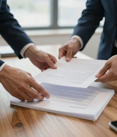 A close-up photograph of professional hands organizing high-quality documents and contracts on a polished wooden desk in a bright, modern European / Portuguese office. The scene is illuminated by soft, natural light, highlighting the meticulous attention to detail with muted blue and off-white tones.