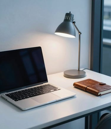 Photography of a sleek, organized workspace in a Lisbon business center. A laptop, a minimalist desk lamp, and a leather notebook are arranged neatly. The atmosphere is professional and trustworthy, featuring light blue and dark blue accents in a clean, European setting.