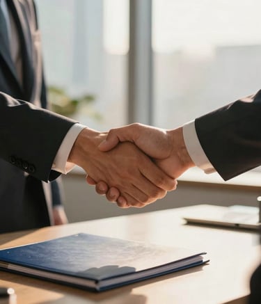 A close-up photograph of a professional handshake between two business people in a modern North American office. Warm golden sunlight filters through a window, highlighting a desk with a navy blue folder. Professional corporate attire and a sense of trust and partnership.
