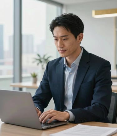 A professional financial advisor sitting in a bright, modern North American office. He is looking at a laptop with a calm and confident expression. The background shows a blurry city view and minimalist decor in navy and gold.