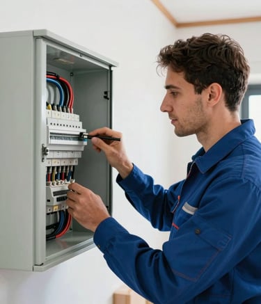 A professional electrician inspecting an electrical panel in a bright modern Spanish / Andalusian home. Reliable and approachable atmosphere, clean work attire, professional composition with dark blue and pale blue accents.