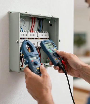Detailed photography of professional hands using a digital clamp meter to test electrical currents in a residential junction box. Professional lighting, modern Spanish home setting in the Aljarafe area, palette featuring steel blue and off-white tones.