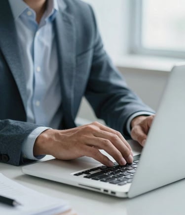 A close-up of a professional in business casual attire working on a sleek laptop in a bright, modern workspace in Latin America. The lighting is soft and professional, emphasizing a clean and high-tech environment with pale blue accents.