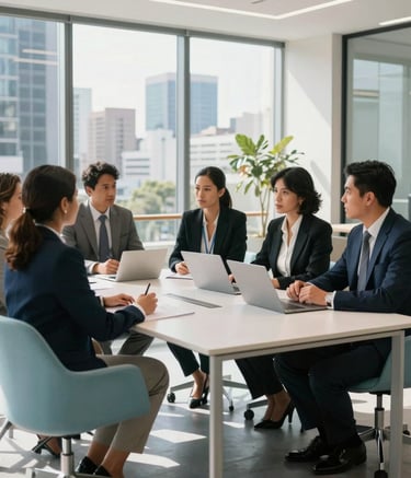 A group of professional business people in a modern, sun-lit office in a Latin American city, engaged in a collaborative strategy meeting. The atmosphere is professional and efficient, featuring clean lines and furniture in shades of light blue and white.