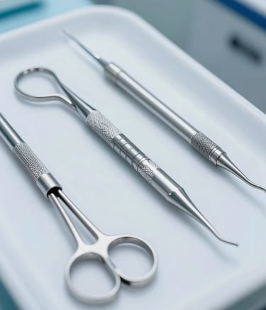 Professional close-up of gleaming stainless steel dental instruments on a sterile white surface. Lighting is bright and clinical, using shades of steel blue and light blue. A high-end North American / US dental office context.