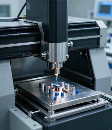 A high-tech laboratory environment in North American / US, showing a precision CNC machine crafting small medical components. Colors feature dark gray and steel blue with sharp, focused lighting and a clinical aesthetic.
