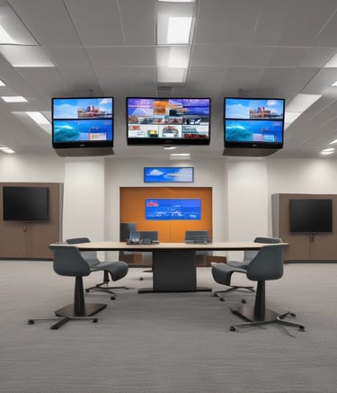 Technician carefully mounting a large flat-screen TV in a commercial lobby.