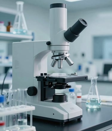 A sterile laboratory environment with precision scientific equipment and glass vials containing liquid reagents, soft white and muted steel blue colors, professional lighting, Global / Industrial.