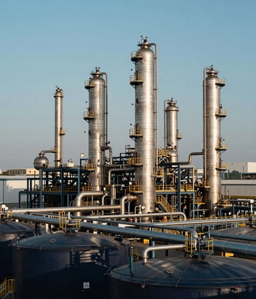 A panoramic view of a modern chemical production facility with silver pipes and large storage tanks under a clear sky, emphasizing industrial reliability and scale, featuring dark navy and muted steel blue tones, Global / Industrial.