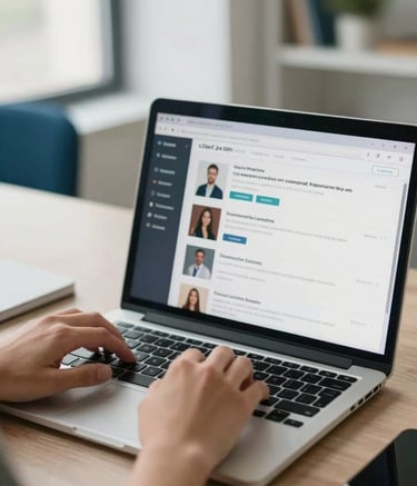 A close-up photograph of a person in a bright North American office environment working on a laptop. The screen shows a social media dashboard with engagement metrics. The lighting is soft and natural, emphasizing a professional yet accessible atmosphere. Accents of muted blue and off-white are visible in the background decor.