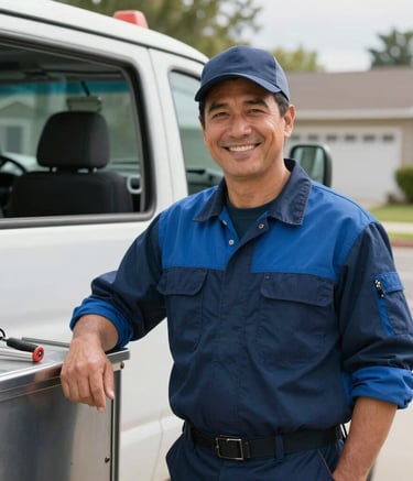 A professional plumber smiling while standing next to a service vehicle in a North American / US suburban setting, wearing a clean uniform with a dark blue and medium blue color scheme.