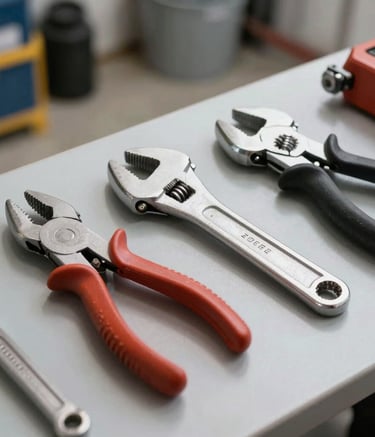 A selection of clean, professional plumbing tools including a pipe wrench and pliers resting on a light gray surface in a well-lit North American / US garage setting, sharp focus, modern feel.