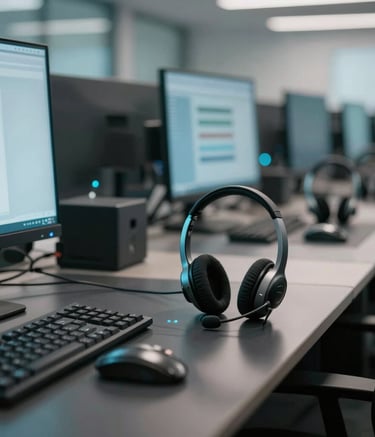 Photography of a sleek, high-tech workspace with modern communication equipment and professional headsets on dark desks, soft cyan accent lighting, North American / International corporate environment, professional atmosphere.