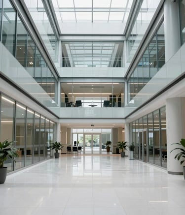 Clean and minimalist wide-angle shot of a tech-focused corporate lobby with glass and steel architecture, North American / International style, emphasizing a professional and trustworthy atmosphere.