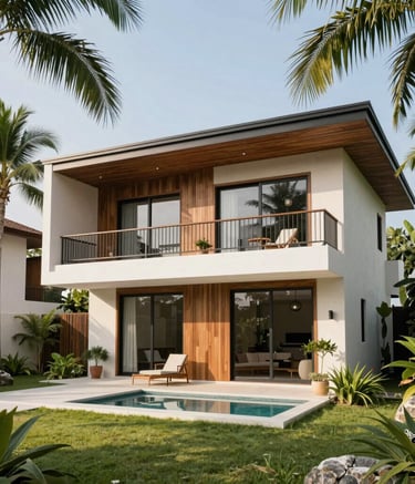Aerial view of eco-villas nestled among lush Andros island greenery.