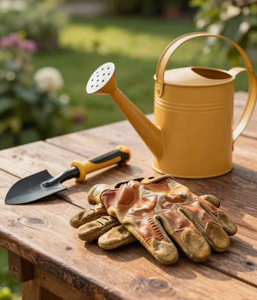 Close-up of professional gardening tools and leather gloves resting on a rustic wooden table next to a soft amber watering can, set in a lush Central European / French garden during golden hour with warm, natural lighting.