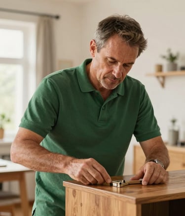 A professional handyman in his 40s from Central Europe / France, wearing a forest green polo, carefully repairing a wooden cabinet in a bright, warm domestic interior with soft afternoon light.