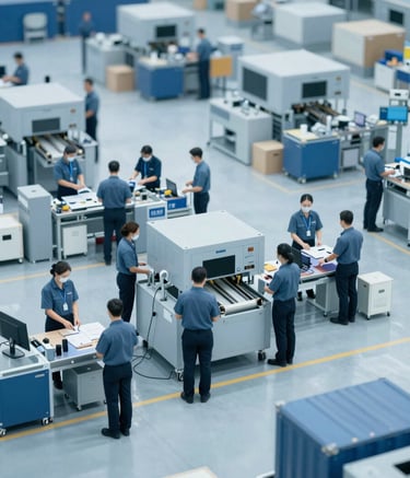 A top-down view of a sophisticated shipping center with automated sorting systems and staff in professional #0A1F2C uniforms. Bright, even lighting with cool blue tones #56A8C7 highlights the efficiency and order of the operation.