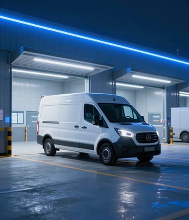 A sophisticated, high-speed logistics hub at night with blue #1C4E80 lighting accents. A sleek, modern courier van is parked in a clean, illuminated loading bay, conveying precision and readiness. The style is sharp and professional with a focus on cutting-edge technology.