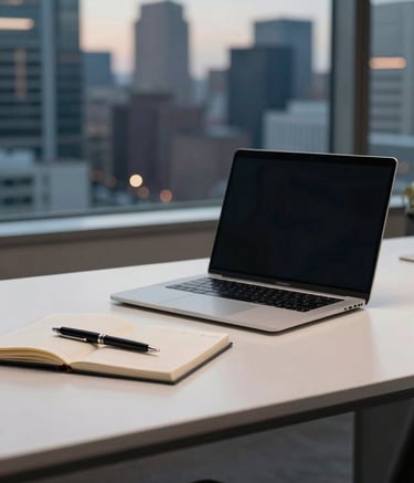 A sleek, modern desk setup in a North American urban office. A laptop sits next to a notebook and a professional pen. The background features a blurred view of a city skyline at dusk, with lighting in muted blue and off-white tones.