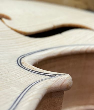 2025 Violin top plate in-the-white showing a close-up of its contours and soundhole.