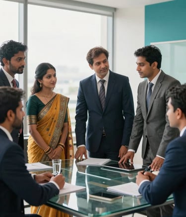 A group of diverse South Asian professionals in formal business attire, such as saris and tailored suits, collaborating around a modern glass table in a bright office. Soft natural lighting fills the room, which is decorated with navy and teal accents.