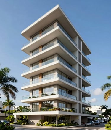 A wide architectural shot of a contemporary luxury residential building in Brazil, featuring large glass balconies and modern geometric lines. The building is surrounded by lush green tropical landscaping under a clear bright blue sky. High-end real estate photography style with clean composition.