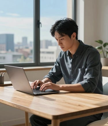 Photography of a focused individual learning at a minimalist wooden desk in a sunlit home office. A high-end laptop is open on the desk. The scene includes soft sky blue accents and a Global / International city view through the window.