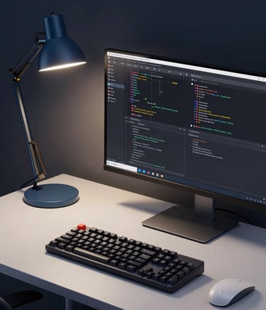 A clean, high-end desk setup featuring a mechanical keyboard, a high-resolution monitor displaying a coding environment, and a minimalist steel blue desk lamp. The lighting is moody with deep navy and soft off-white accents, reflecting a professional developer aesthetic.