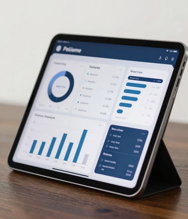 A close-up shot of a modern tablet displaying a sophisticated analytics dashboard with steel blue and deep navy accents. The tablet sits on a dark wooden surface in a bright, soft off-white studio environment.
