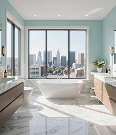 Wide shot of a bright, modern Los Angeles master bathroom with large windows letting in natural sunlight, featuring white marble floors and soft aqua blue accents on the walls, high-end photography, clean and airy feel.
