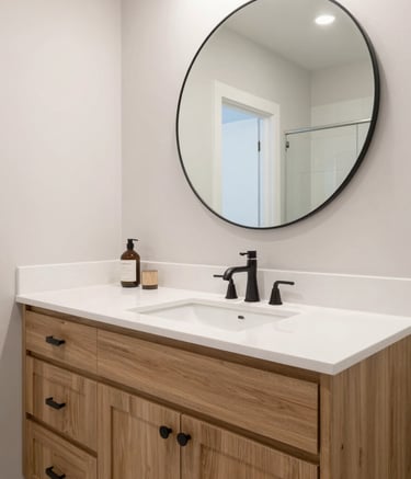 Interior photography of a modern bathroom renovation in a North American home, focusing on a custom oak wood vanity with a white quartz countertop, bright lighting, and a large round mirror reflecting a clean, minimalist space.