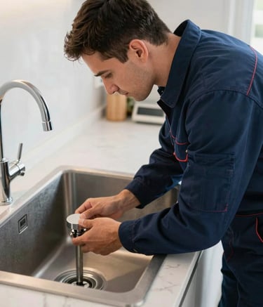 A professional plumber in a clean dark blue uniform inspecting the installation under a modern kitchen sink. The setting is a bright, contemporary Southern European / Turkish home with marble countertops. The mood is professional, trust-inspiring, and clean.