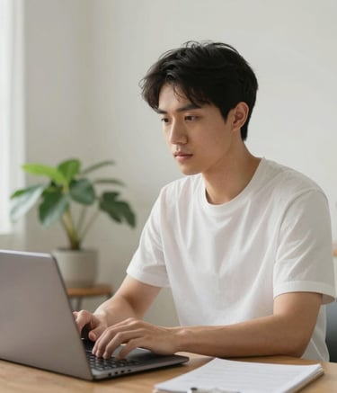 A focused individual in a modern North American home office, typing on a laptop with a look of quiet determination and hope. The setting is clean and organized, with a soft off-white background and a small green plant, captured in bright, natural morning light.