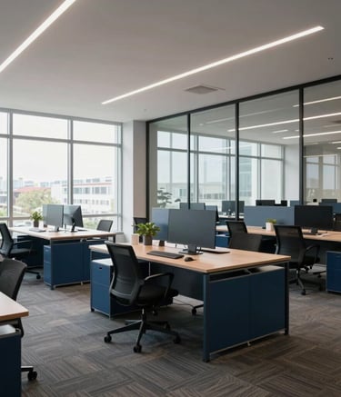A wide-angle shot of a modern, open-plan workspace in the US, symbolizing opportunity. Large windows let in bright light, reflecting off clean glass surfaces and dark blue office furniture.