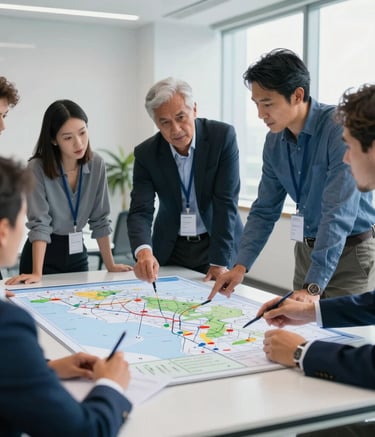 Photography of a professional South American office environment, a diverse management team discussing logistics strategy over a large digital map, bright soft lighting, soft white and deep blue tones, high-end professional atmosphere.