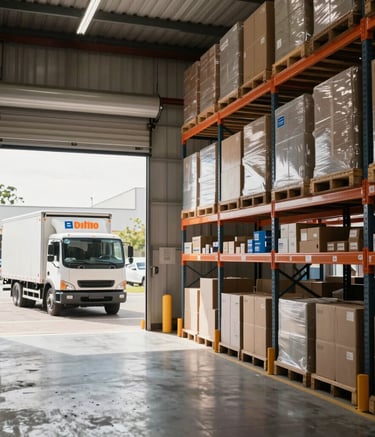 Photography of a modern logistics warehouse in Brazil, organized shelves with boxes, a delivery truck visible through an open bay door, midday natural lighting, featuring ochre and blue accents on branding.