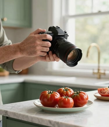 A photographer in a North American / US kitchen setting, using a high-end camera to shoot a plate of vibrant heirloom tomatoes. Soft, natural morning light through a window. The style is professional and clean with Matte Forest Green accents.
