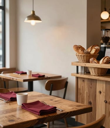 A cozy, Scandinavian-inspired North American / US bistro interior. Rustic wooden tables, warm ambient lighting, and artisanal bread baskets on the counter. Deep Ripe Crimson napkins provide a pop of color against a clean, Crisp Parchment wall.