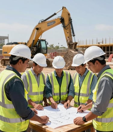 A group of professional engineers in North American / Mexican construction attire, wearing white hard hats and safety vests, reviewing technical blueprints on a wooden table at a large-scale construction site. In the background, heavy excavation machinery is visible under a clear, bright sky. Professional photography, sharp focus, daytime lighting.
