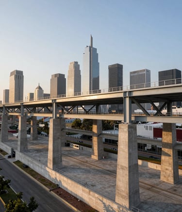 Wide-angle architectural photograph of a modern urban infrastructure project in a major Mexican city. The scene showcases steel structures and sleek concrete foundations with a backdrop of a contemporary skyline. The lighting is early morning gold, emphasizing textures and clean lines. Professional industrial photography style.