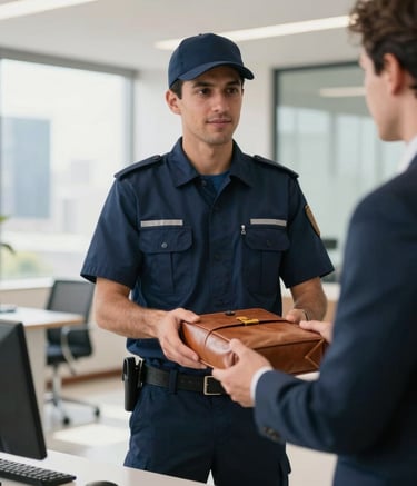 Professional South American courier in a navy blue uniform handing a secure, sealed leather document pouch to a corporate executive in a modern Brazilian office lobby, afternoon natural light.