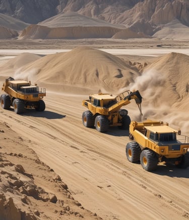A panoramic view of a silica mining site with heavy machinery at work under a clear sky.