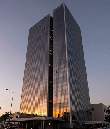 A professional wide shot of a modern corporate building in Santa Catarina, South American / Brazilian architecture, sunset lighting with soft orange and midnight blue sky reflections.