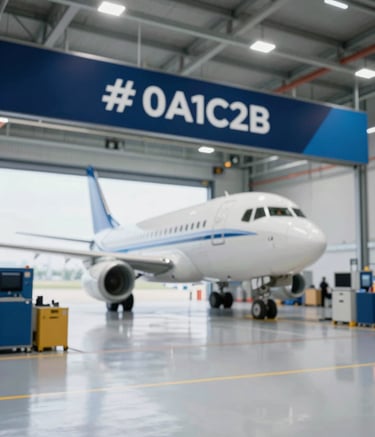A sophisticated wide shot of a modern aircraft maintenance hangar, very clean and organized with precision tools visible. Lighting is bright and professional, incorporating the brand's navy (#0A1C2B) and blue (#2B4A6B) tones in the industrial floor and equipment. High-quality, sharp focus.