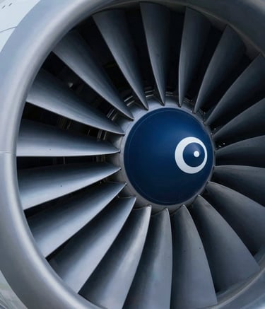 A close-up, high-tech shot of a jet engine turbine or a high-precision aerospace component. The lighting is cinematic with subtle metallic reflections. The color palette emphasizes deep blues (#0A1C2B) and cool greys (#F2F4F7), conveying innovation and meticulous engineering.