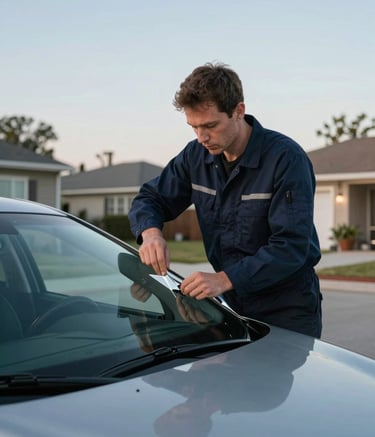 A professional auto glass technician in a deep midnight navy uniform repairing a windshield on a silver car in a North American / US suburban driveway, under a clear sky with soft sky blue tones.